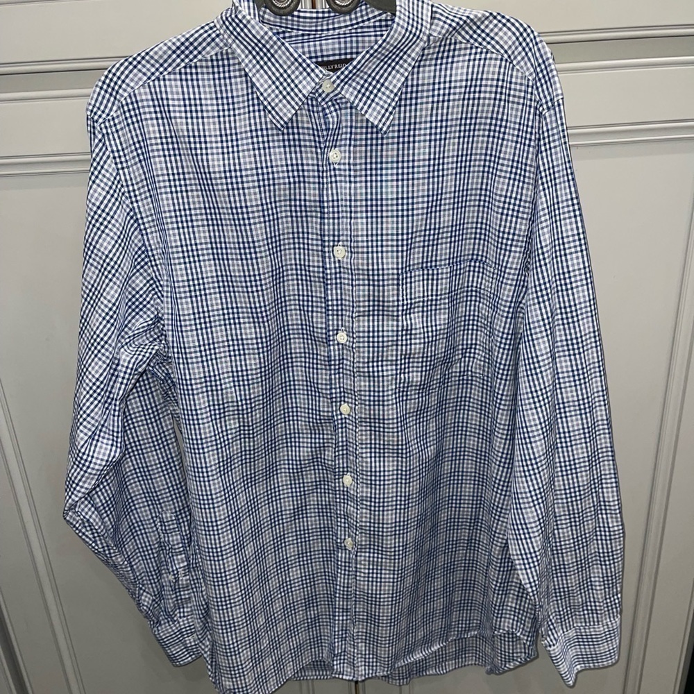 Billy Reid Linen blend blue plaid long sleeve button front shirt size large